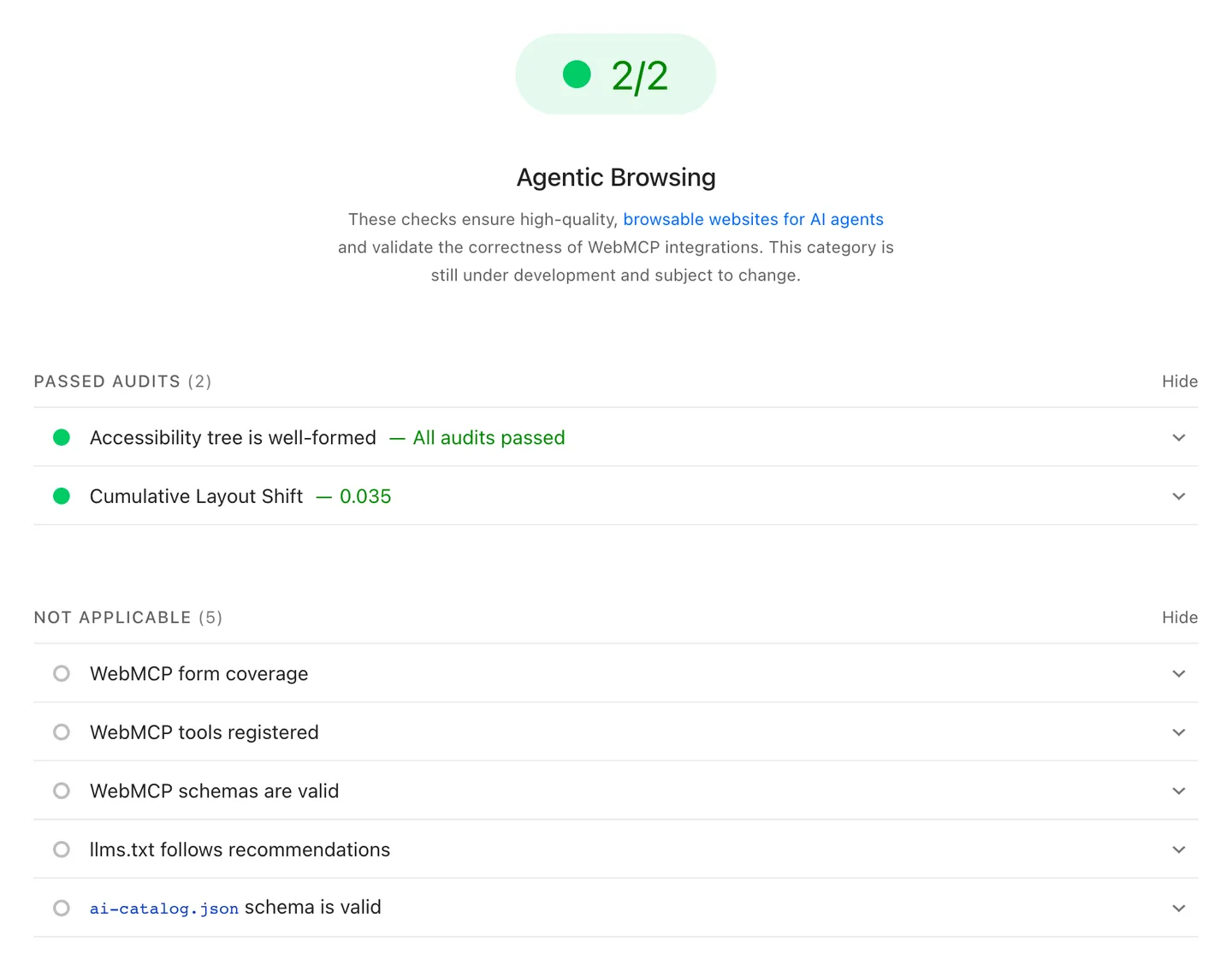 PageSpeed Insights Agentic Browsing section for the Google Ads product page on mobile: 2/2, with the accessibility tree and Cumulative Layout Shift audits passed and five WebMCP, llms.txt and ai-catalog.json audits not applicable