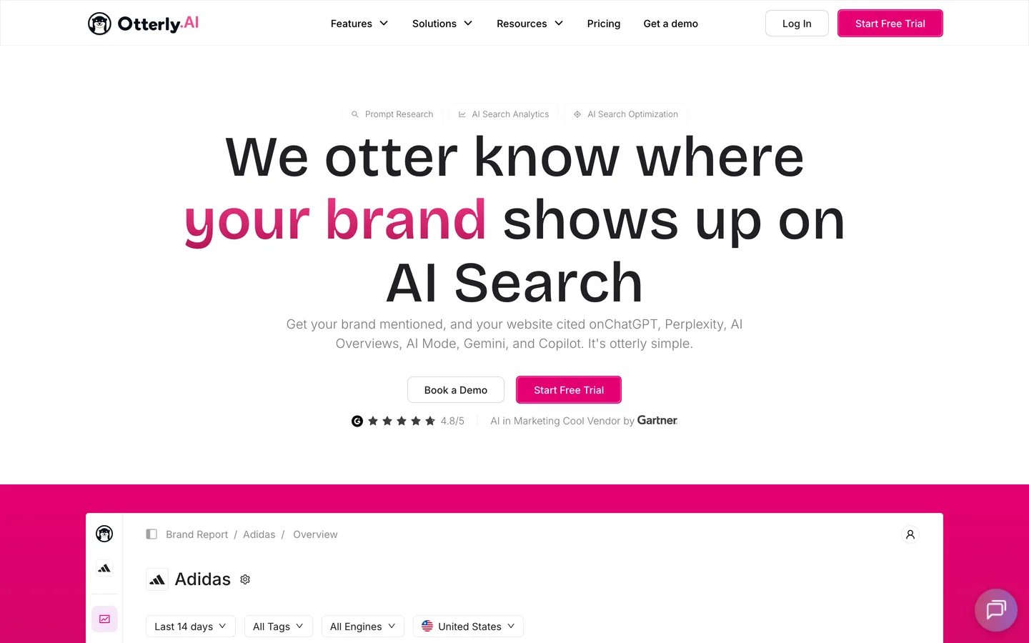 Otterly.AI homepage with the headline 'We otter know where your brand shows up on AI Search' and a brand report demo