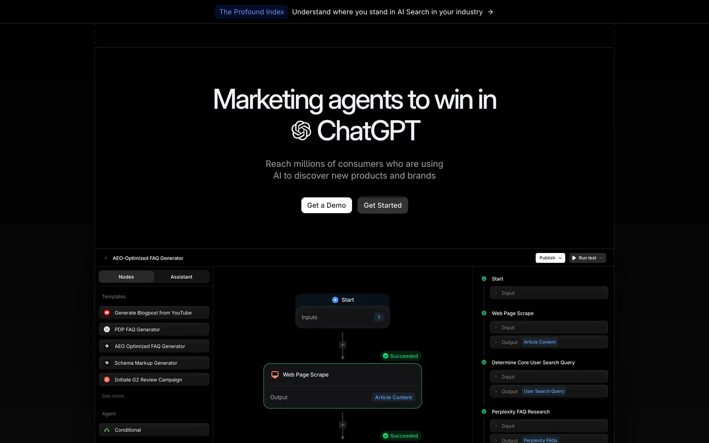 Profound homepage with the headline 'Marketing agents to win in ChatGPT' and an agent workflow builder