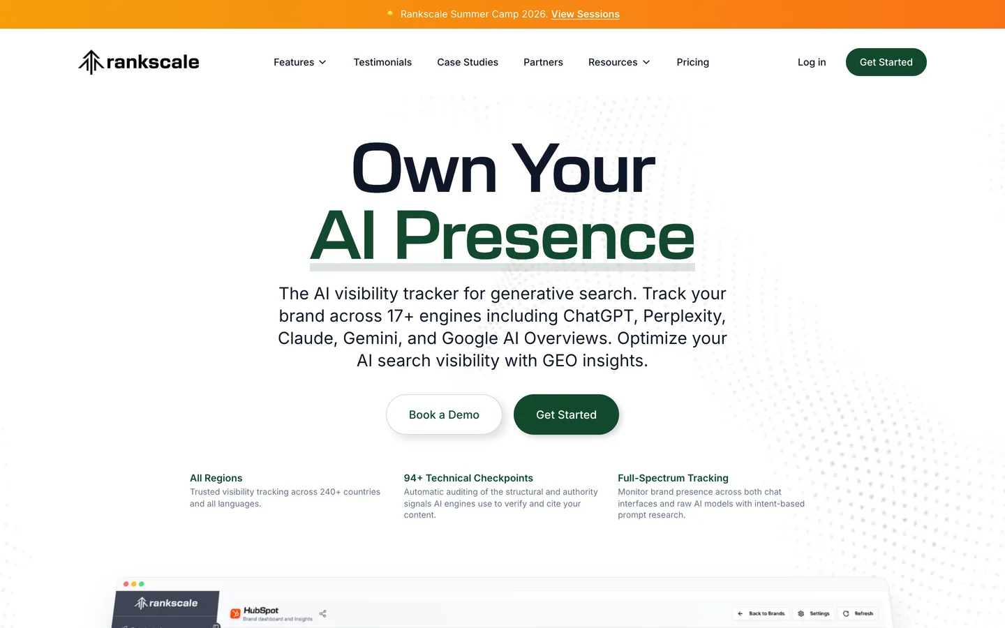 Rankscale homepage with the headline 'Own Your AI Presence', claiming tracking across 17+ engines