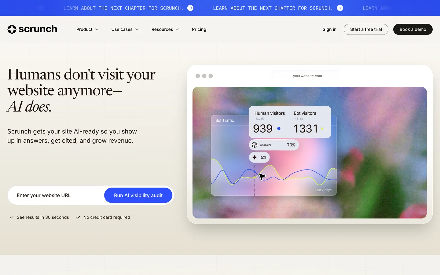 Scrunch AI homepage with the headline 'Humans don't visit your website anymore, AI does' and a bot traffic visualization