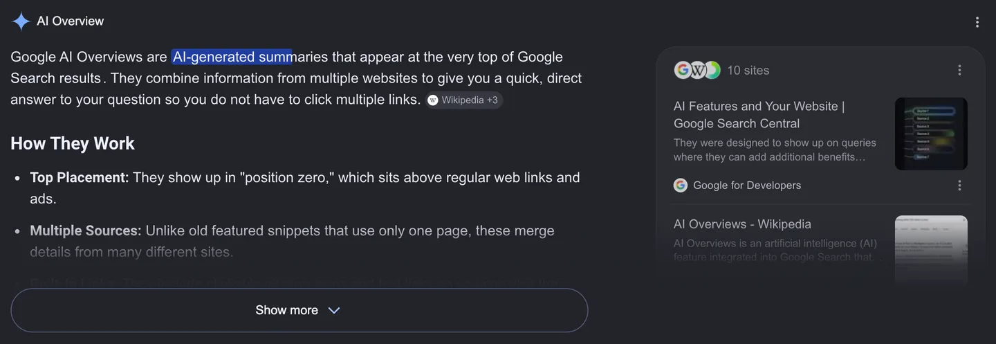 A real Google AI Overview captured live, answering the query what is a google ai overview: the generated summary defines AI Overviews as AI-generated summaries at the top of Google Search results, with a source panel citing Google Search Central and Wikipedia