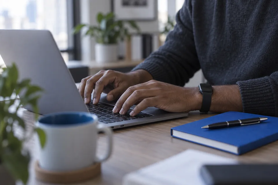 Hands typing a web address on a laptop