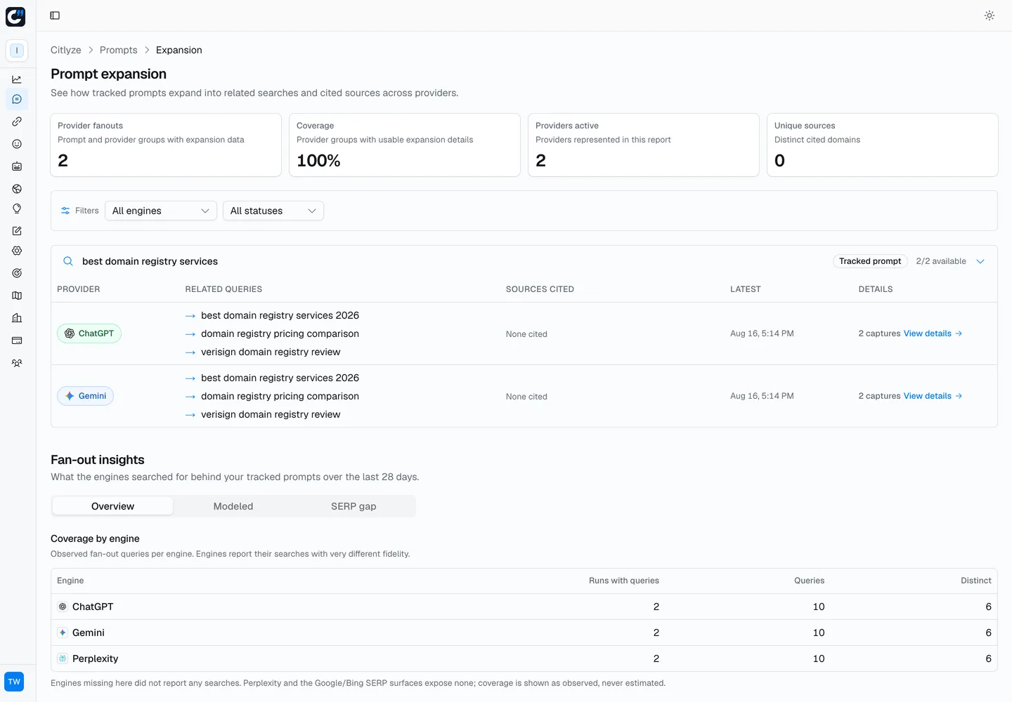 Citlyze prompt fan-out, the queries engines ran behind tracked prompts