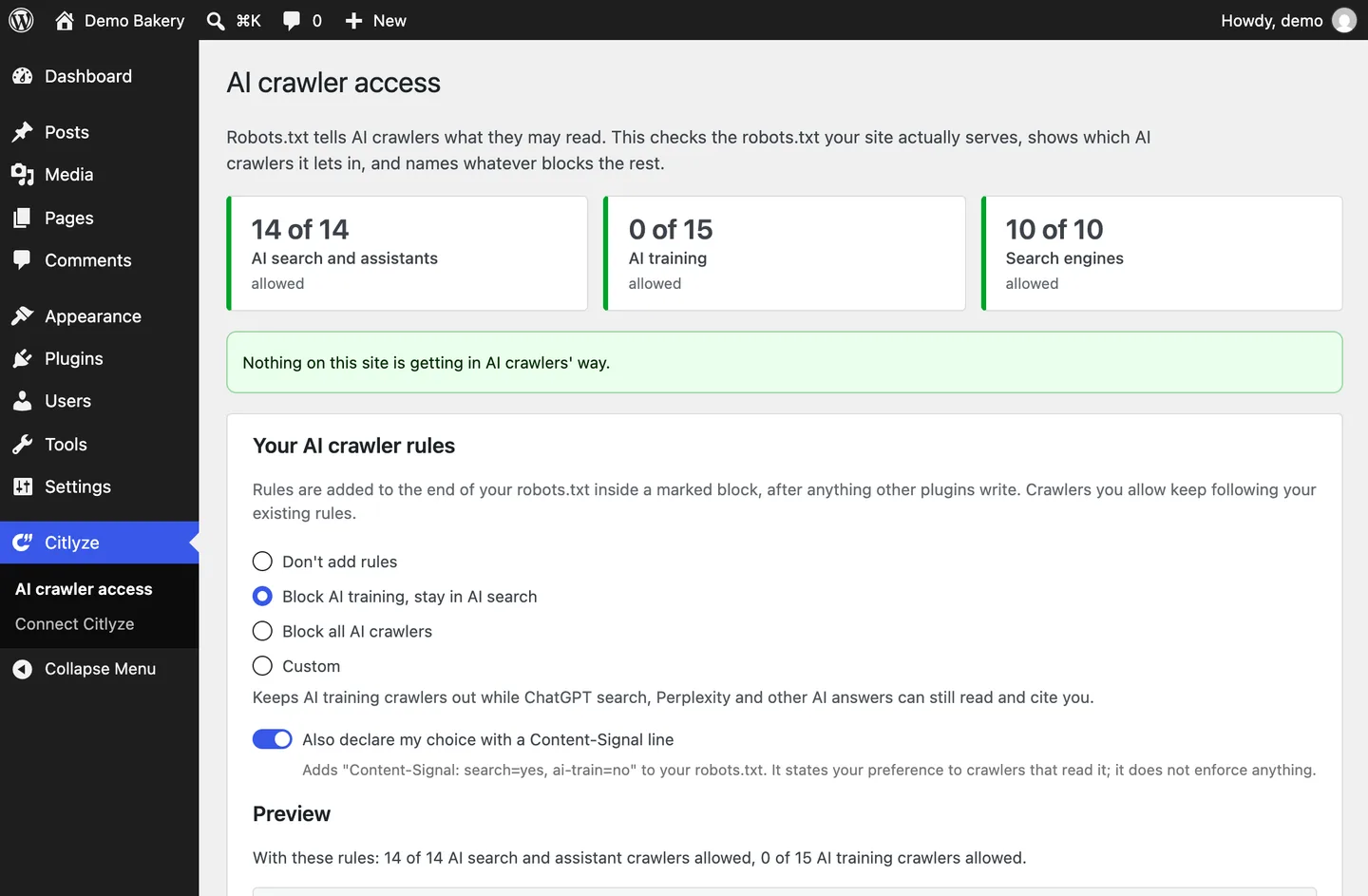 The plugin's AI crawler access screen in WordPress, with AI search, AI training and search engine crawlers counted and the AI crawler rules below