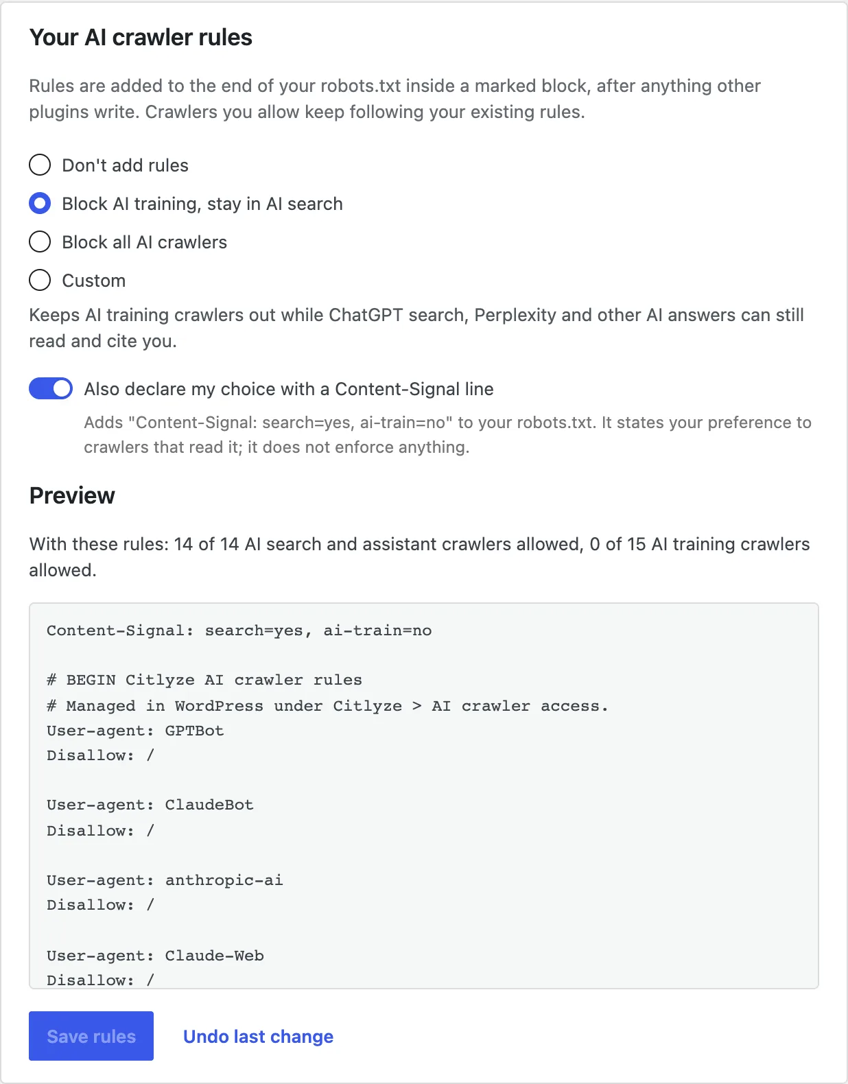 The plugin's AI crawler rules in WordPress: Block AI training selected, the Content-Signal option on, and a preview of the robots.txt lines for GPTBot and ClaudeBot