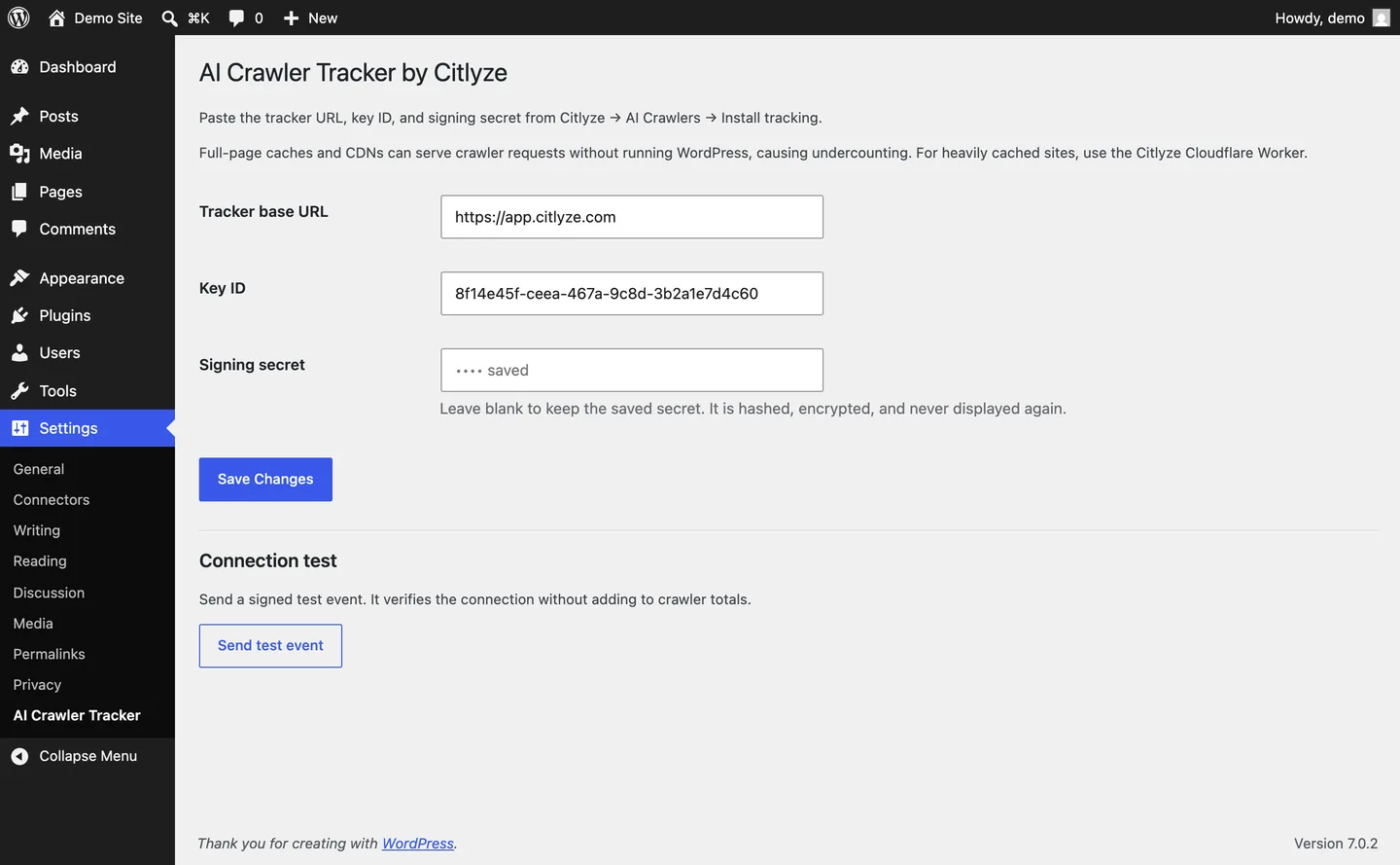 AI Crawler Tracker by Citlyze plugin settings in WordPress admin